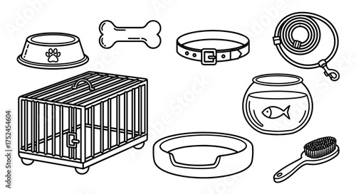 Illustration of various pet supplies including a cage and fishbowl