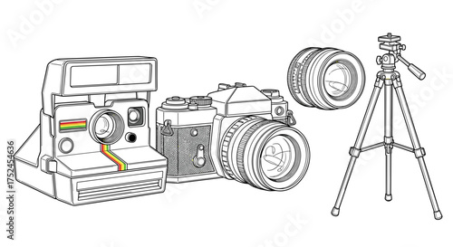 Line art illustration of vintage cameras and a tripod equipment