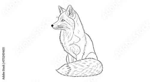 Illustration of a fox sitting upright with a bushy tail outline art