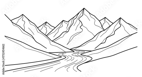 Illustration of a river flowing through a valley between mountains
