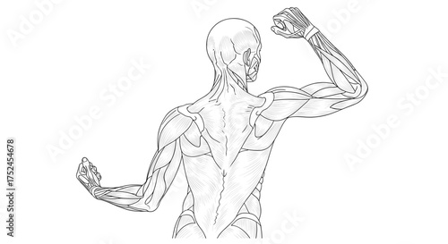 Anatomical illustration of a muscular figure from the back view pose