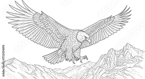Detailed line art of an eagle soaring over a mountain landscape