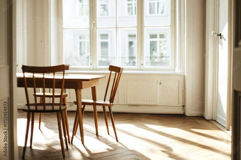 Fototapeta premium Dining table and chairs in a bright room with sunlight streaming through window.