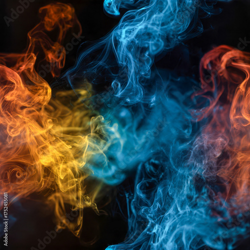 Vibrant swirling orange, yellow, and blue smoke patterns blending dynamically against a dark background creating a mesmerizing abstract visual effect