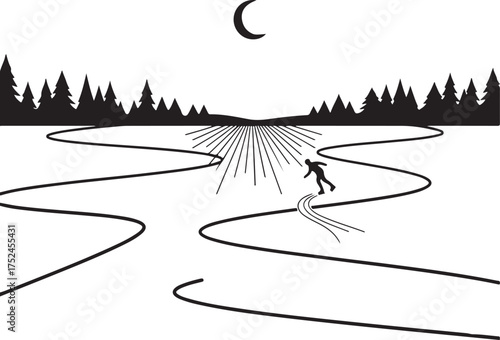 Silhouette of skier on frozen lake under moon with pine trees Keywords: skier, skiing, winter, snow