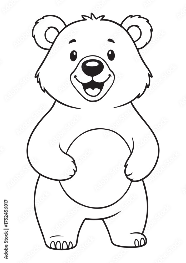 Fototapeta premium Standing smiling cute bear coloring page.eps and print-ready. Adorable vector illustration in ISO size, perfect for children’s fun and creative coloring sessions.