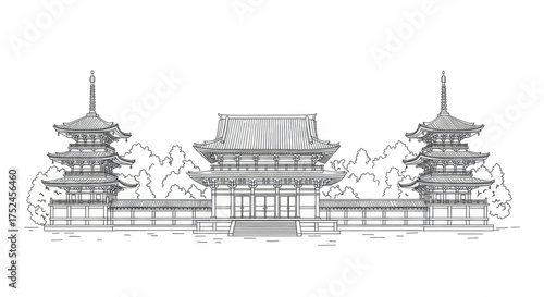 Traditional Japanese Temple Architecture with Pagodas and Lush Foliage, a Line Drawing Illustration