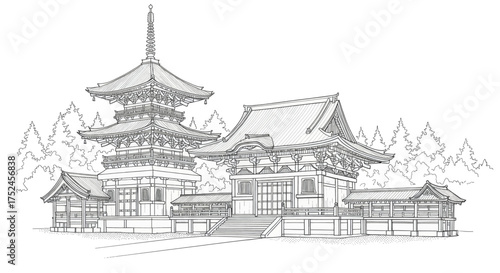 Pencil Sketch of a Japanese Pagoda and Temple Complex in a Serene Forest Setting