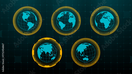 Five rotating globe diagrams with digital hud interface. Concept of global network, data connection, and international technology for futuristic display.