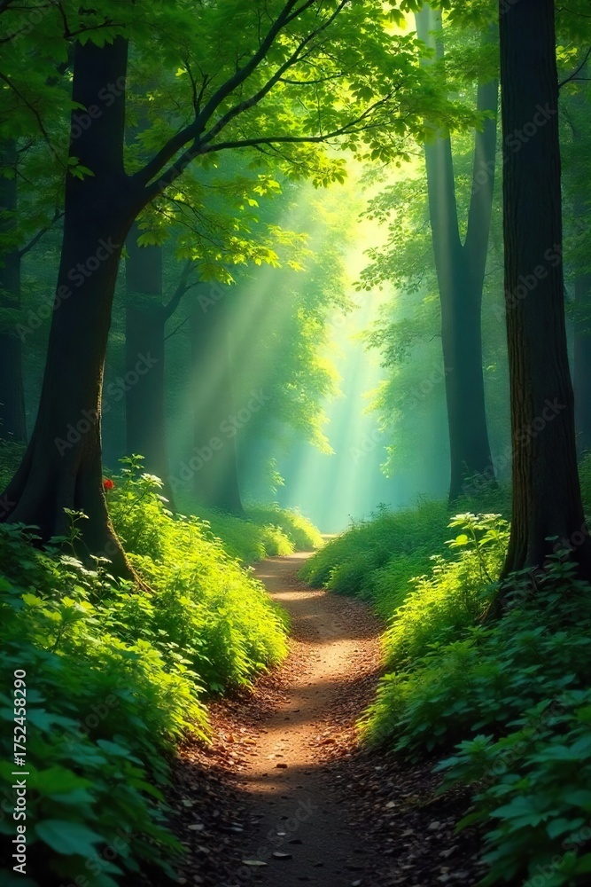 Obraz premium Magical Sun-Dappled Forest Path Lush Greenery, Winding Trail, Dappled Sunlight, Tranquil Nature Scene, Perfect for Travel and Fantasy