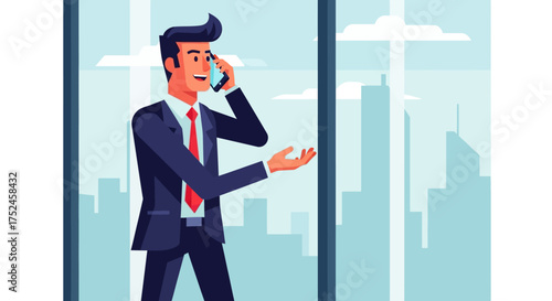 Businessman talking on phone in office with city view.
