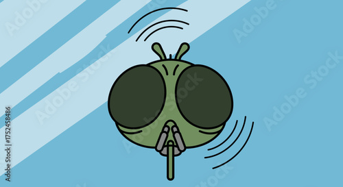 Cartoon fly head with big eyes and antennae.