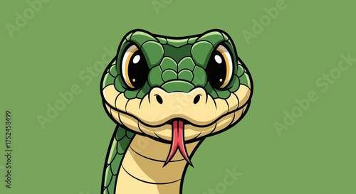 Close up cartoon illustration of a green snake head with big eyes and tongue sticking out on a green background.