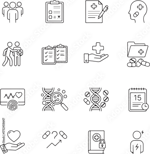 The Clinical Study icon set highlights essential elements of scientific trials and medical research.ideal for illustrating protocols, data validation
