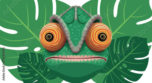Close up of a green chameleon with large orange eyes peeking through large green leaves.