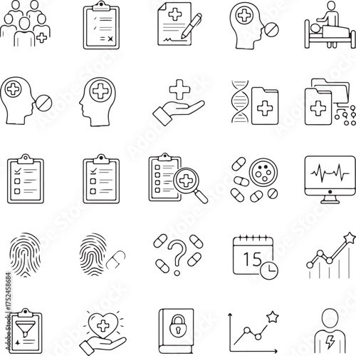 Clinical study icon collection set. Containing adverse event, baseline, double blind, blinding, case report form, endpoint, clinical trial icon.
