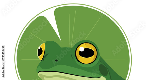 Close up of a green frog with big yellow eyes on a lily pad.