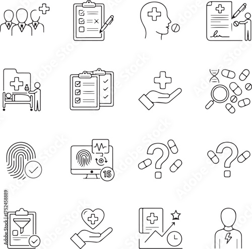Clinical Trials icon set. Research Center, Placebo, Analysis, Patient, Diagnosis, Volunteers, Medical Records, Checkup. Duotone color solid and editable outline icons
