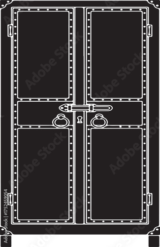 Black Silhouette of a Sturdy Industrial Cabinet with Rivets and Double Doors storage furniture