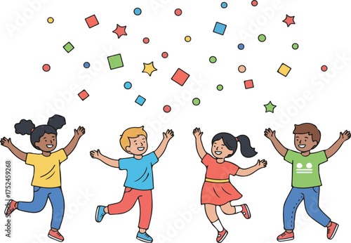Diverse group of happy children jumping with confetti and stars kids