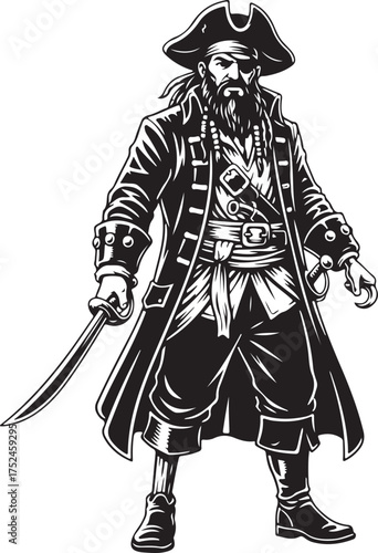 Full Body Silhouette Of A Pirate Holding A Sword And Wearing A Hat illustration drawing