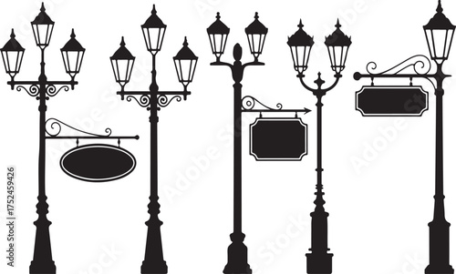 Silhouette Collection of Ornate Vintage Street Lamps with Signs lamppost