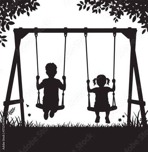 Silhouette Of Children Swinging On A Swing Set In A Garden kids playground