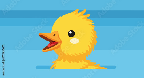 Cute Yellow Duckling Swimming in Blue Water.