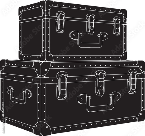Two Stacked Vintage Trunks Silhouette Isolated on White Keywords: trunk, luggage, travel, vintage, old