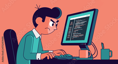 Frustrated Programmer Working Late on Computer.