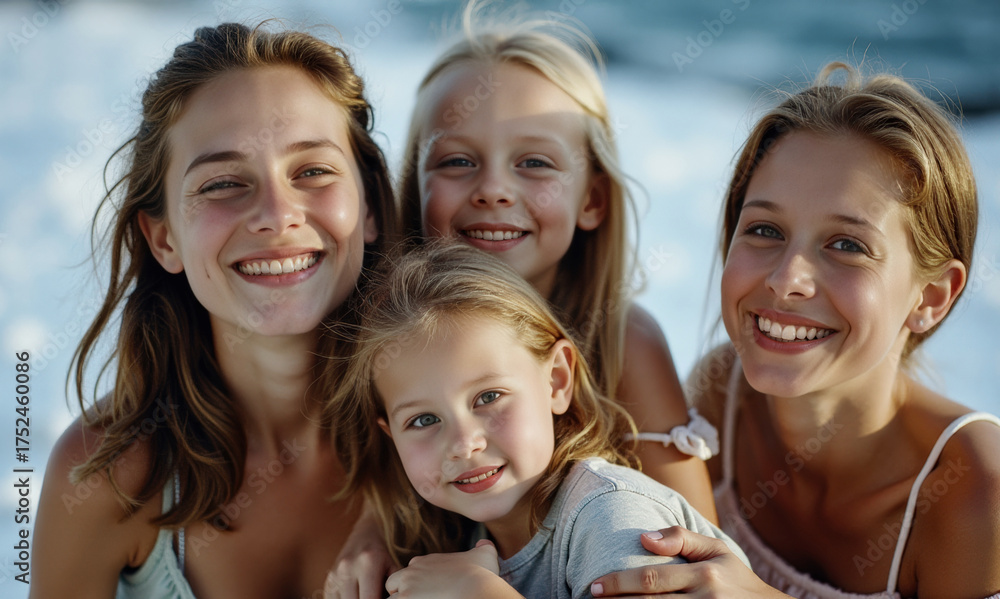 Obraz premium Four blonde sisters of varying ages smile radiantly in an affectionate outdoor portrait celebrating family bonds