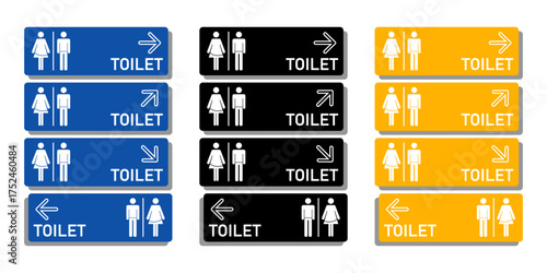 Set of modern toilet direction signs in blue, black, and yellow with male and female icons.