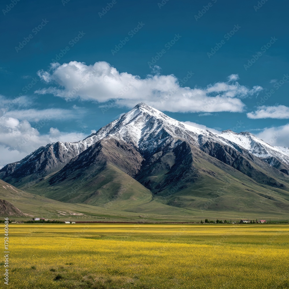 Fototapeta premium and keyword list based on the imageSnow-capped Peak Rises Above Fields in a Rural Valley Landscape.