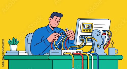 Man Connecting Cables to Computer and Network Equipment.