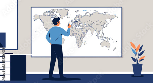 Man Studying World Map on a Large Screen in a Modern Office Setting.