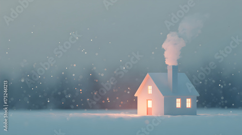 Cozy house with illuminated windows and chimney smoke on a snowy winter night. Christmas or New Year holiday concept for greeting card.