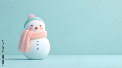 Cute snowman in a hat and scarf on a blue background. Winter holiday character for Christmas and New Year greeting card.