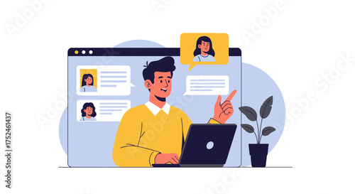 Man working on laptop with online profiles on screen.