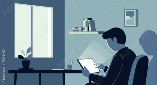 Man working on tablet in dimly lit room near window.