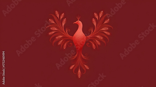 Stylized red phoenix bird with ornate feathers on a dark red background. Cultural symbol of rebirth and longevity for design element.