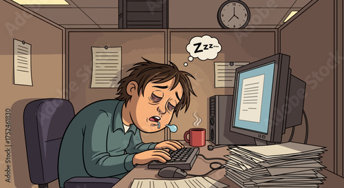 Tired office worker sleeping at desk with coffee and computer.