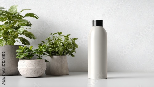 Wallpaper Mural Blank white bottle surrounded by potted plants on a white surface Torontodigital.ca