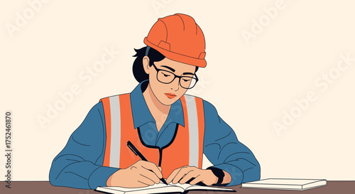 Woman engineer wearing hard hat and safety vest writing in notebook.