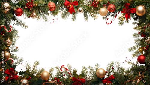 Christmas border with evergreen branches, red and gold baubles, bows, candy canes, and pinecones framing a blank white space for festive messages, cards, or seasonal invitations