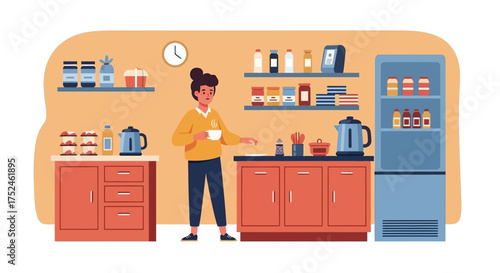 Woman Enjoying Coffee Break in a Modern Kitchen Pantry.