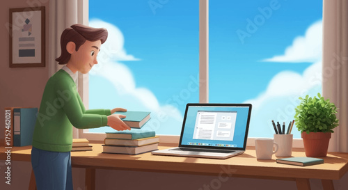 Young Person Organizing Books by a Sunny Window with Laptop.
