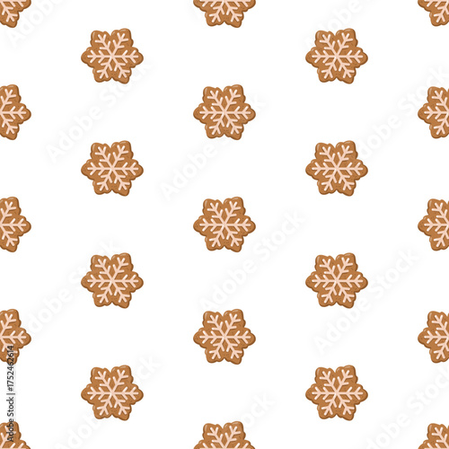 Seamless winter pattern with gingerbread snowflake cookies on white background. Cartoon Christmas vector background. 