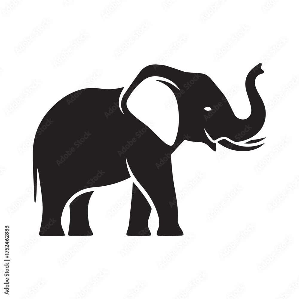 Obraz premium Minimalist black elephant icon – stylized silhouette of standing elephant with raised trunk, tusks, and bold ears for wildlife design, nature visuals, and strength-themed graphics.