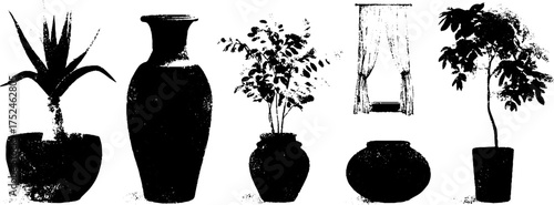 Black and white grunge linocut botanical illustration set with aloe and ficus for decor and design