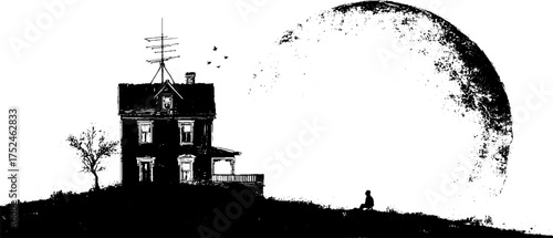 Mysterious grunge linocut with antenna and moon scene in silhouette for vintage art
